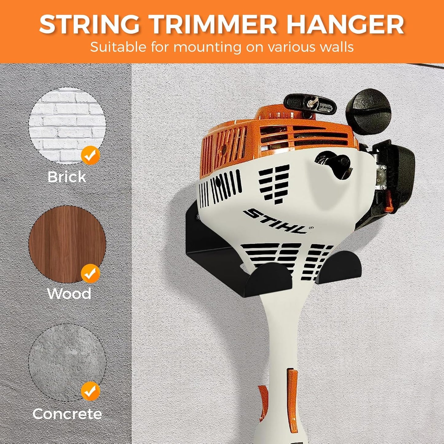 Weedeater Rack, 1 Pack Weed Eater Hanger, Weed Eater Rack for Wall, Heavy Duty Garden Tool Garage Organizer Trimmer Holder, Chainsaw Hanger Wall Mount(Black)