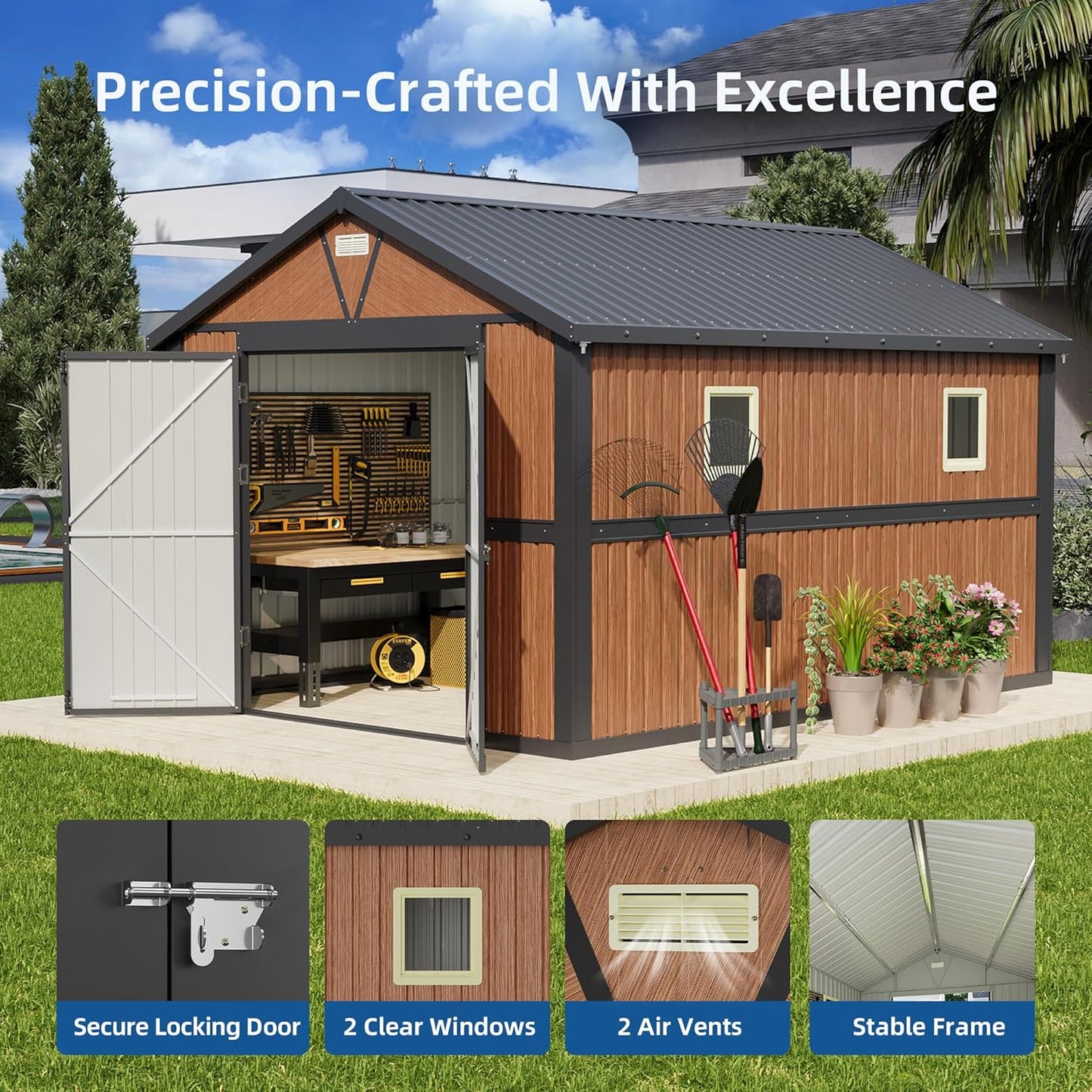 10x12FT Outdoor Storage Shed, Metal Garden Shed with Floor Base, Lockable Doors and Windows, Large Tool Shed for Backyard, Patio and Lawn