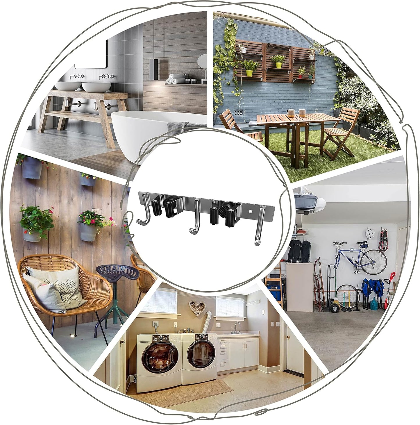 Heavy Duty Broom and Mop Holder Wall Mounted with 2 Rubber Grip Slots & 3 Utility Hooks – SUS304 Stainless Steel, Waterproof, Self Adhesive or Drill Mount, for Garage, Laundry, Kitchen & Closet Use