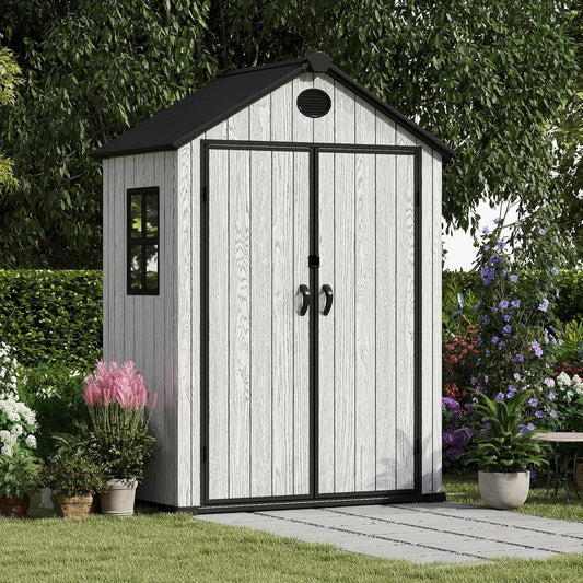 5.3x3.4 FT Resin Outdoor Storage Shed, 135 Cuft Garden Tool Sheds & Outdoor Storage Plastic Shed with Floor, 7FT Tall Backyard Outside Lawn Mower Storage Shed with Side Window, Cemented Grey