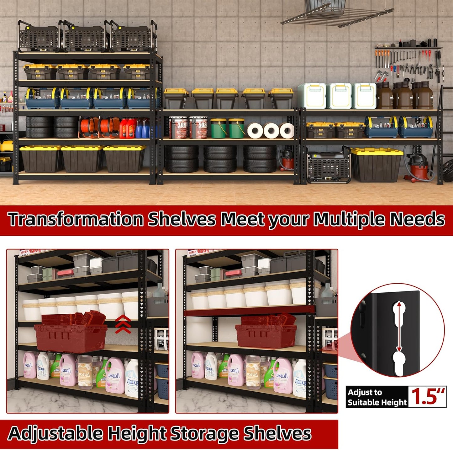 48" W x 24" D x 72" H Adjustable Garage Storage Shelves - 5-Shelf Heavy Duty Shelving Unit, Metal Utility Storage Organizer Racks for Warehouse Pantry Closet Kitchen, Black