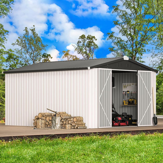 U-MAX 10x14 Shed, 14x10 Metal Outdoor Storage Shed, Large Outside Storage Garden Sheds & Outdoor Storage Clearance, Tool Shed Lockable for Backyard, Patio and Outside Use in White