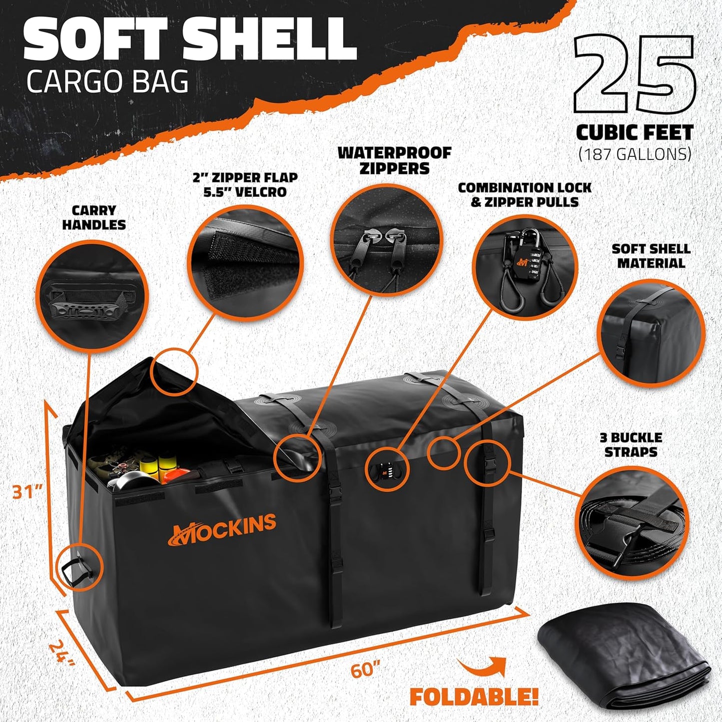 Mockins 60"x24"x6" Weatherproof Trailer Hitch Cargo Carrier & 25 Cu.Ft. Waterproof Cargo Bag | 500 Lbs. Capacity Folding Luggage Rack for Car Hitch w/All-Weather Truck Bed Storage Bag & Accessories