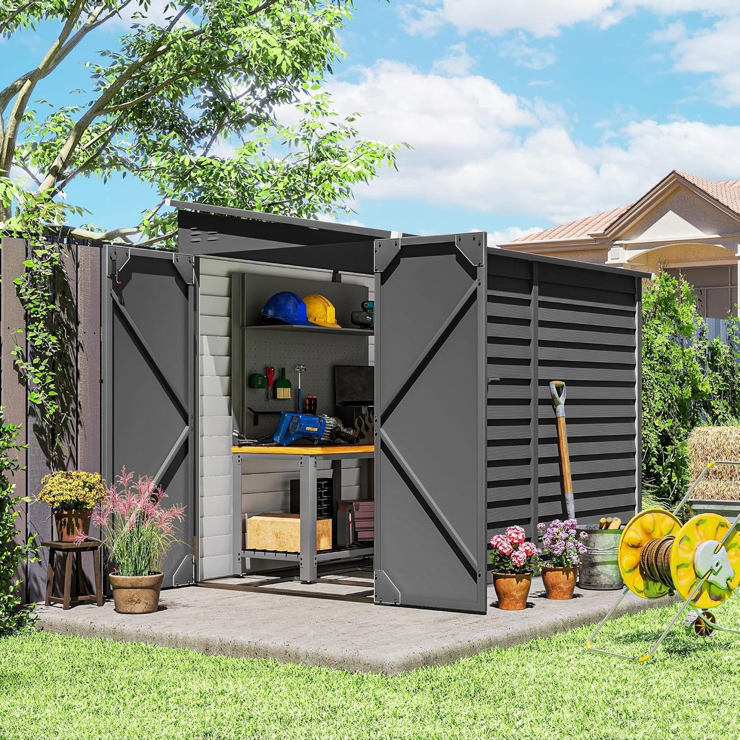 Outsunny 4.6' x 9' Steel Outdoor Storage Shed, Lean to Shed, Metal Tool House with Foundation Kit, Lockable Doors, Gloves and 2 Air Vents for Backyard, Patio, Lawn, Dark Gray
