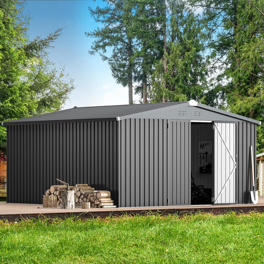 AECOJOY 12' x 12' Outdoor Storage Shed, Dark Grey Large Metal Sheds & Outdoor Storage Clearance Steel Yard Shed with Lockable Doors, Utility and Tool Storage Garden Shed for Backyard