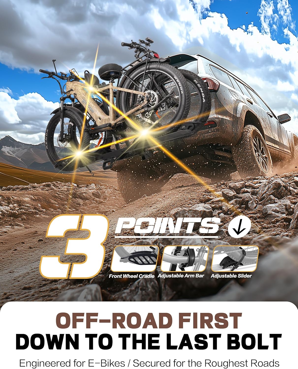 E-Bike Rack with Ramp, Hitch 2 Bike Rack, 200 lbs Capacity Electric Bike Carrier, Foldable Platform Mount for Cars, Trucks, SUVs, Minivans, Up to 5-Inch Fat Tire for 2'' Receiver