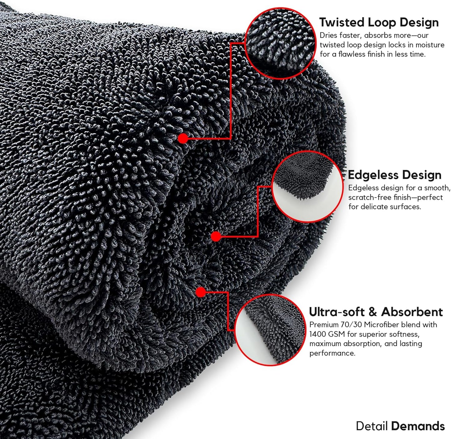 Extra Large Car Drying Towel - 1400 GSM Edgeless Twisted Loop Design - 70/30 Blend Microfiber Towels for Cars, Trucks, SUVs - Superior Absorption, Streak-Free - 24" x 36", Black