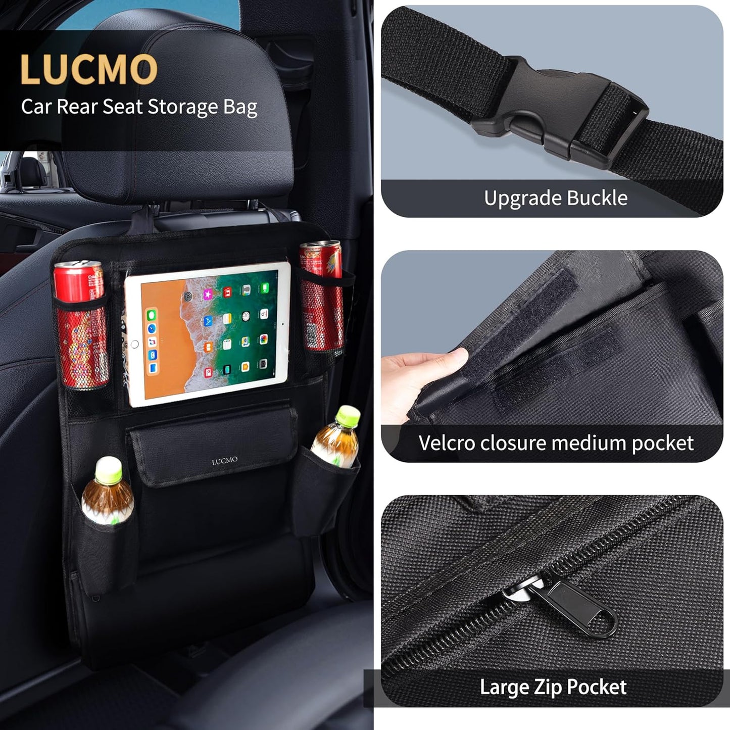 LUCMO Car Backseat Organizer with Touch Screen Tablet Holder,9 Storage Pockets Protectors Kick Mats Travel Accessories for Kids-Black