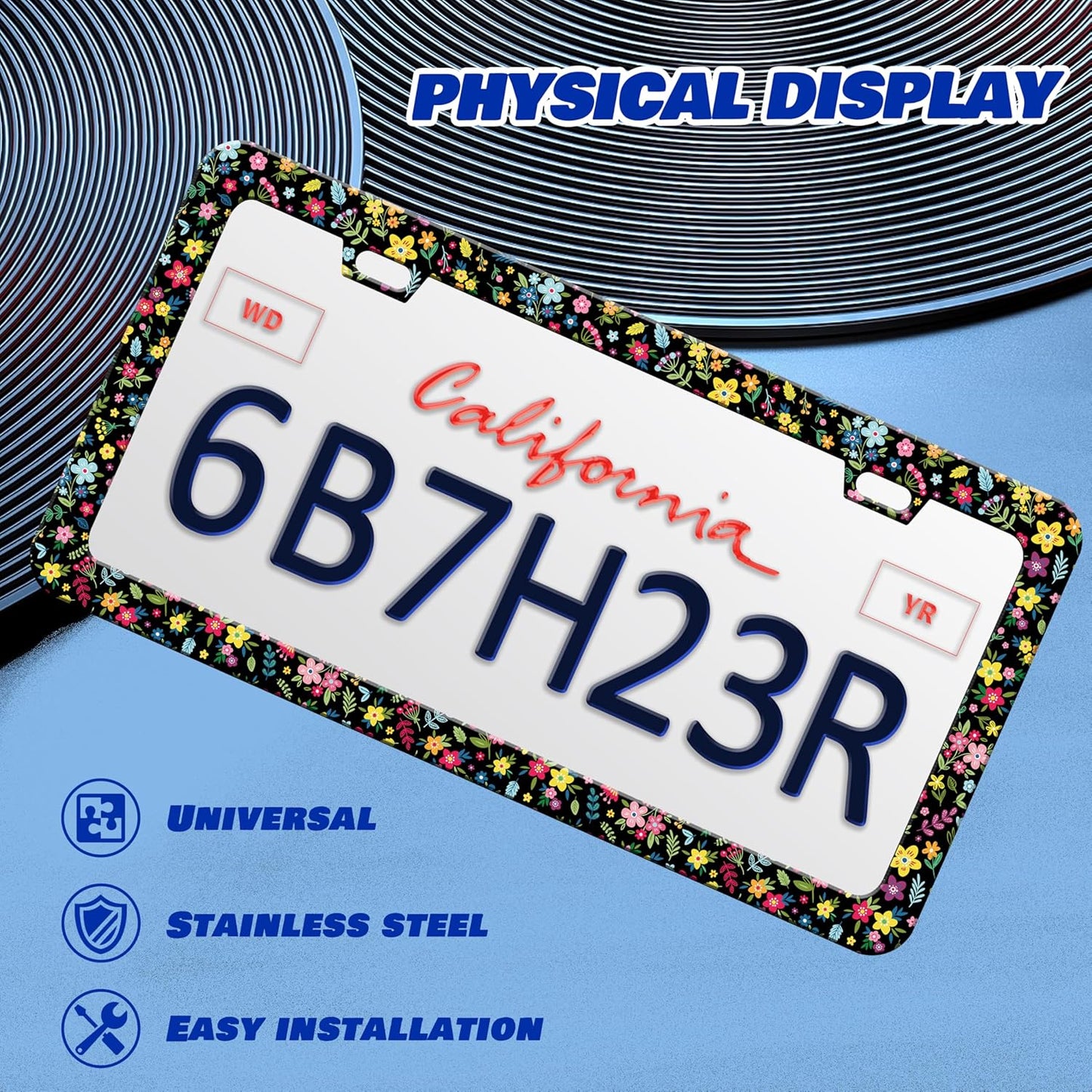 Colorful Folk Floral License Plate Frame Flower License Plate Holder Personalise Stainless Steel Funny Design Compatible with Standard License Plate Frames for USA and Canada 6 X 12 Inch with Screws