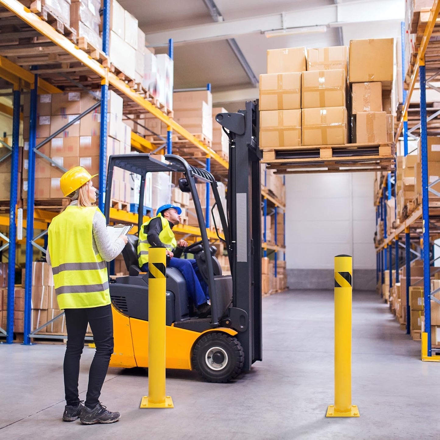 BISupply Safety Bollard Post Parking Barrier 4 Pack - 42in Yellow Pipe Bolt Down Bollard for Garage Lot