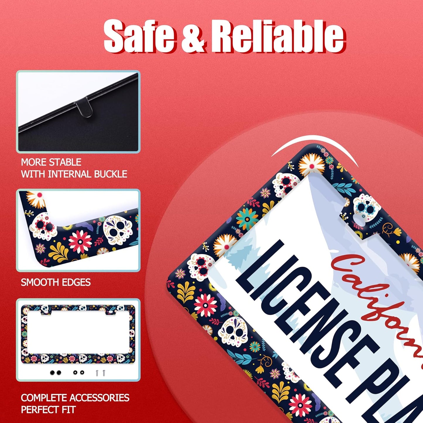 Sugar Skull Flowers License Plate Frame Cute Colorful License Plate Frames Stainless Steel Accessories Cars Decor with 2 Holes and Screws Fits Standard US CA Vehicles Size 12.2 x 6 Inches