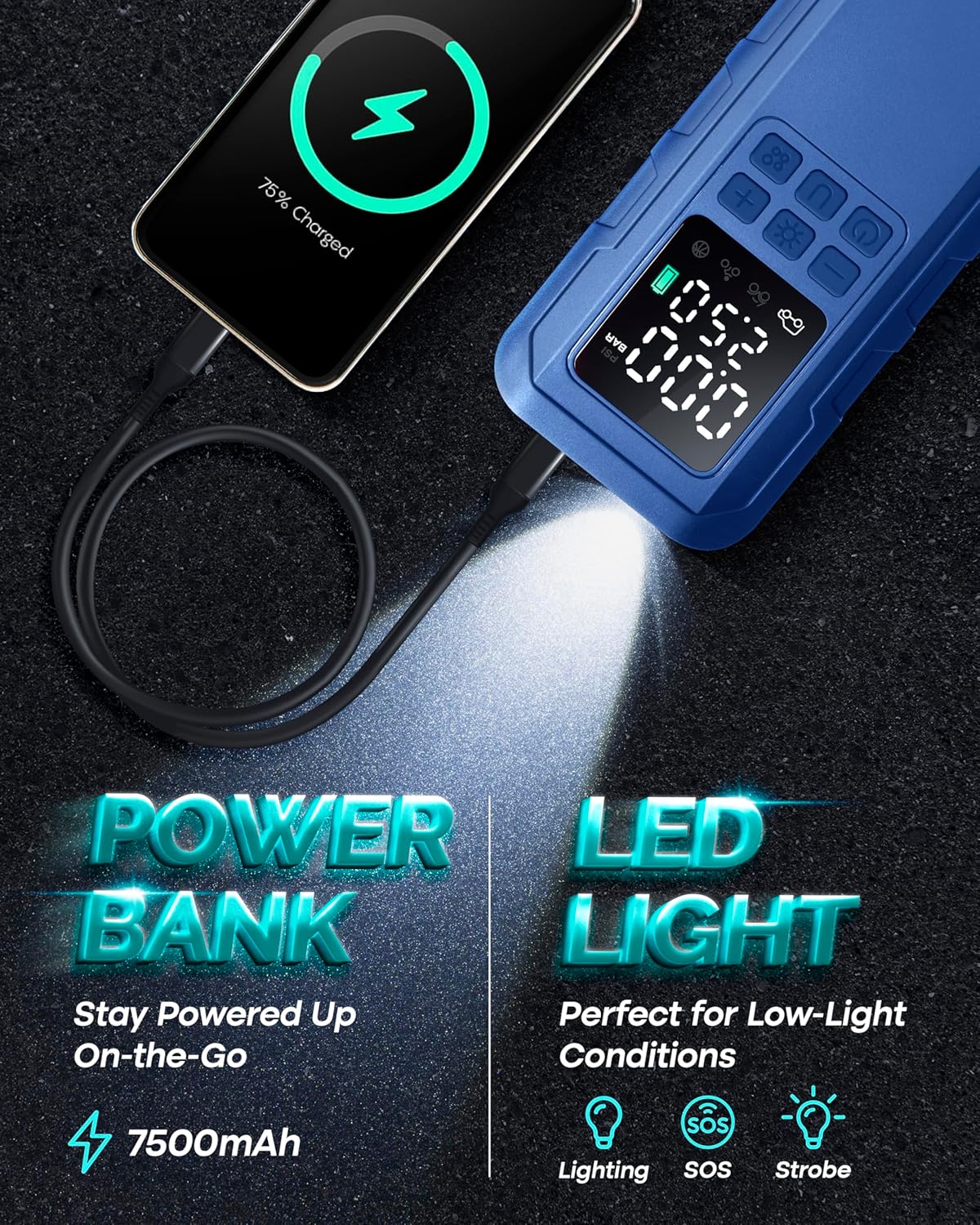 Tire Inflator Portable Air Compressor,150 PSI car tire air pump portable with Digital LCD Pressure Gauge,Electric Air Pump for Motorcycle Tires,Bicycle Tires and Balls,Blue