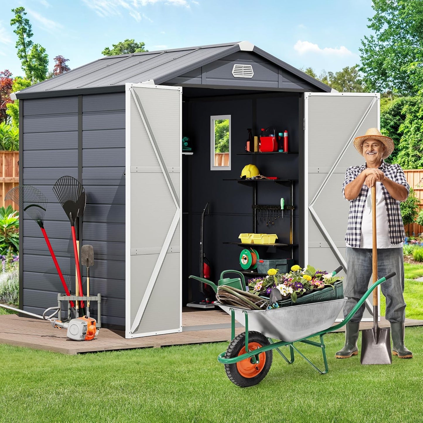 YITAHOME 6x6FT Outdoor Storage Shed w/o Floor, All-Weather Plastic Shed with Lockable Doors, Window & Vents, Plastic Tool Shed for Backyard, Patio, Poolside, Lawn, Gray