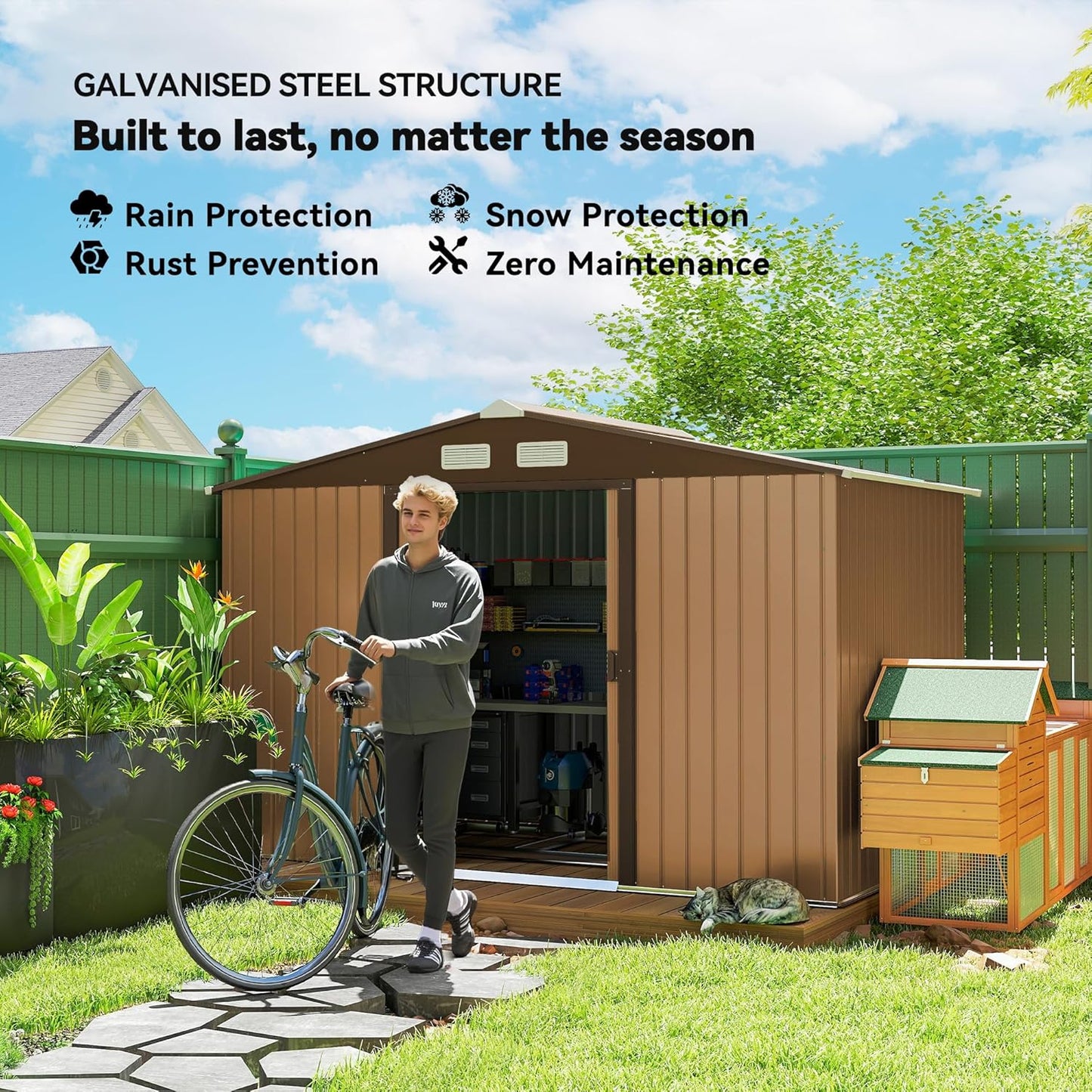 Outsunny 9' x 6' Outdoor Storage Shed, Garden Tool Metal Shed with Foundation Kit, Double Lockable Door, Air Vents and Sloping Roof, for Backyard, Patio, Lawn, Yellow