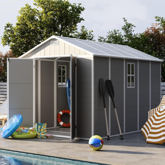 UDPATIO Storage Shed 8 x 10 FT, Resin Outdoor Garden Sheds with Floor Plastic Patio Outdoor Storage with Lockable Door for Tool, Bike, Garbage Gray White