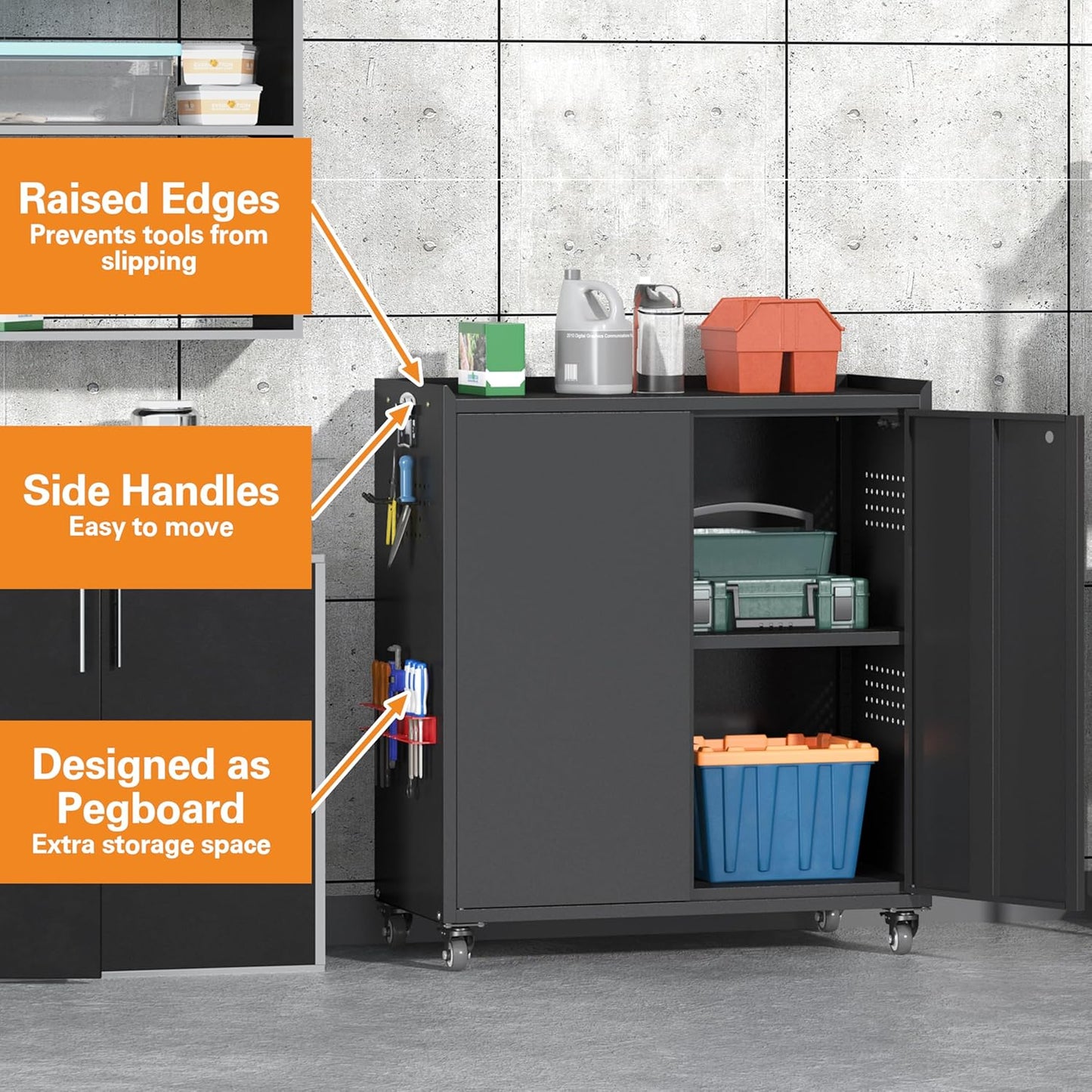 34" Metal Garage Storage Cabinet with Wheels, Adjustable Rolling Tool Storage Cabinet with Lock, Steel Locking Tool Cabinet with Doors and Shelves for Garage, Warehouse（Black）