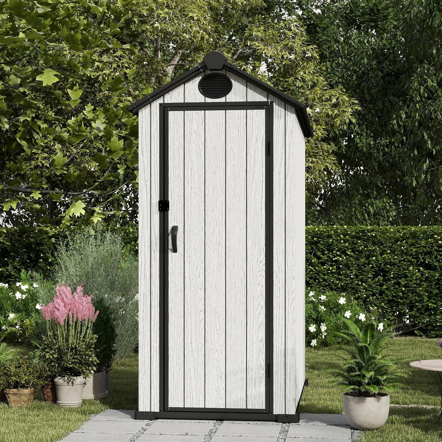 3.4x5.3 FT Resin Outdoor Storage Shed, 125 Cuft Garden Tool Sheds & Outdoor Storage Plastic Shed with Floor, 7FT Tall Backyard Outside Lawn Mower Storage Shed with Side Window, Cemented Grey
