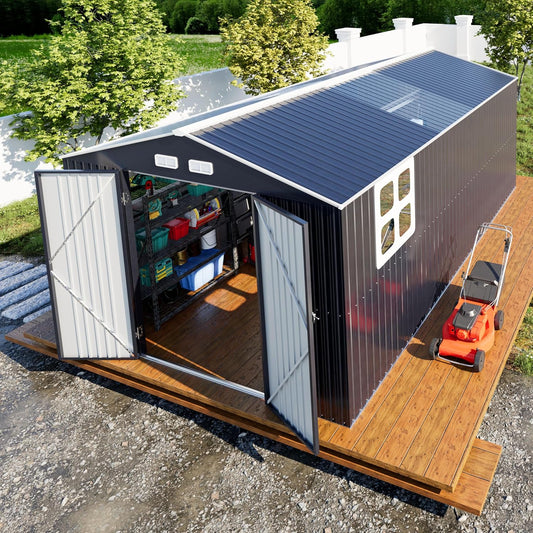Metal Shed 10x16 FT Large with Customizable Skylight and Reinforced Steel Frame, Heavy-Duty Galvanized Steel Big Garden Sheds with Lockable Doors,4 Pane Windows, Large Utility Tool Sheds