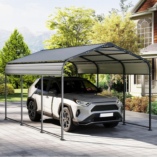 10×15FT Metal Carport, Heavy Duty Car Port, All-Weather Outdoor Storage Trucks, Boats, Cars, Galvanized Steel Roof, Vertical Stripe Design