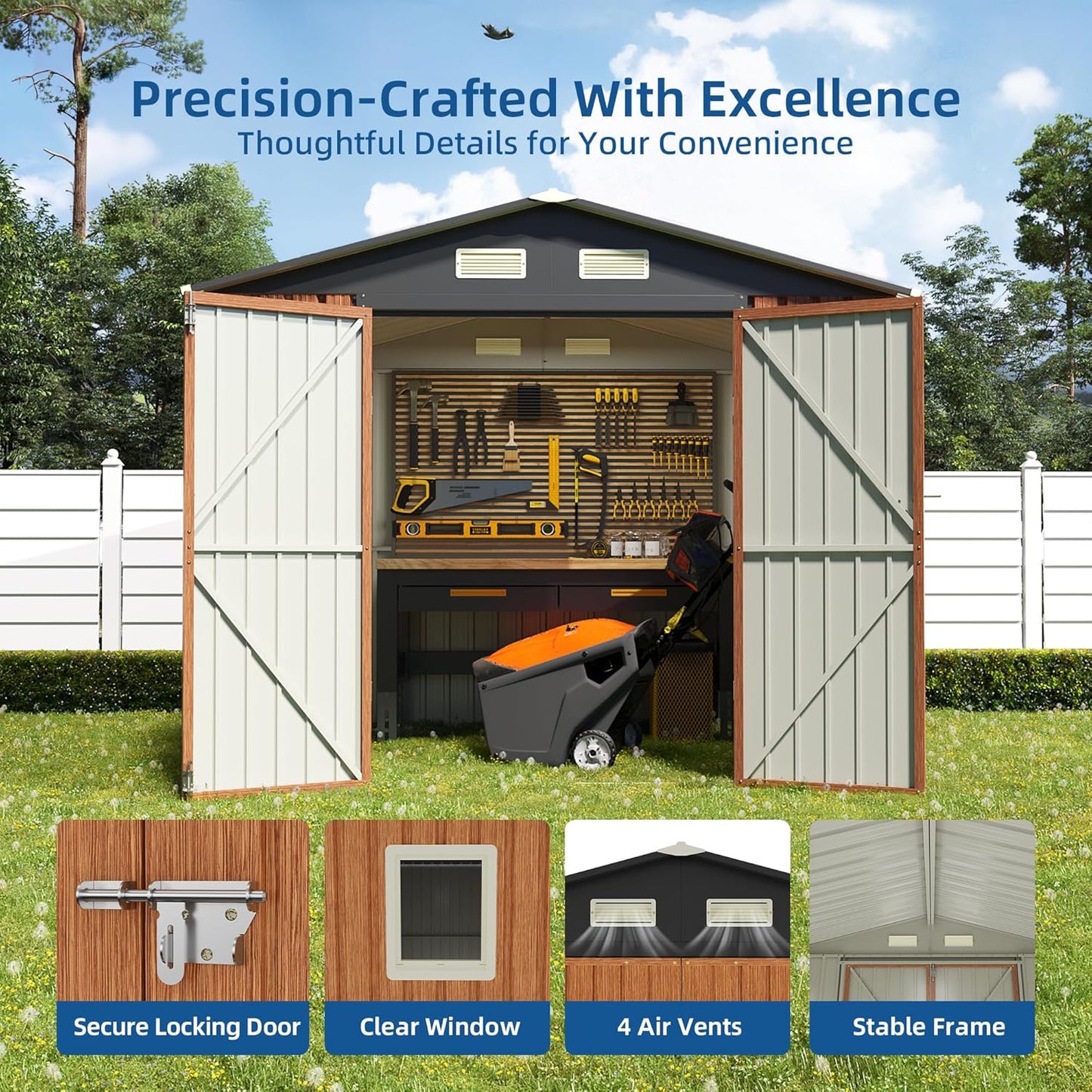 8x6FT Outdoor Storage Shed, Metal Garden Shed with Lockable Doors and Window, Large Tool Shed for Backyard, Patio and Lawn