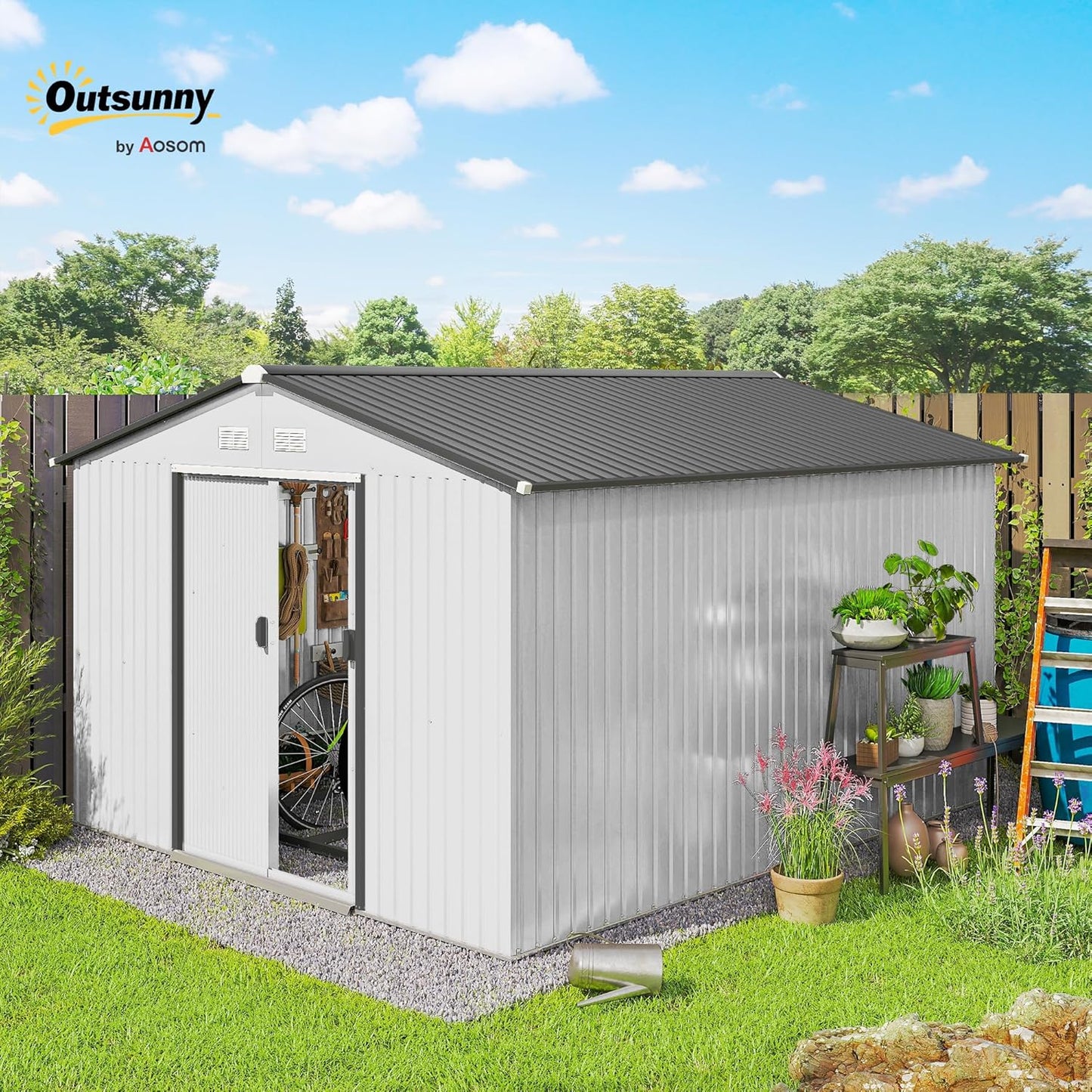 Outsunny 11' x 9' Outdoor Storage Shed, Garden Tool Metal Shed with Foundation Kit, Double Lockable Door, Air Vents and Sloping Roof, for Backyard, Patio, Lawn, Silver