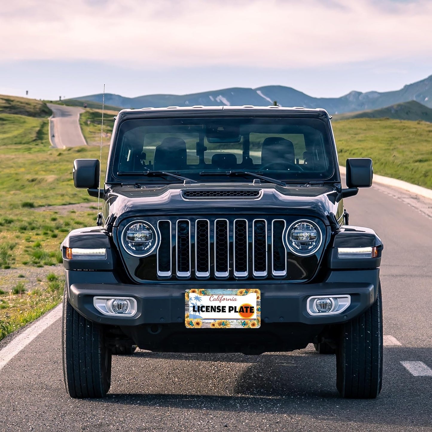 Blue Butterfly Sunflower License Plate Frame Wooden Board Flowers Animals License Plate Holder for Front or Rear Car Tags Stainless Steel Funny Car Decoration with Screws 6.3 X 12.2 in