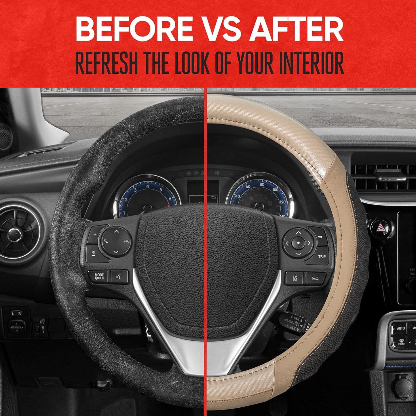 Motor Trend UltraSport Beige Carbon Fiber Steering Wheel Cover, Standard 15 inch Size, Black Faux Leather Comfort Grip, Car Steering Wheel Cover for Auto Truck Van SUV