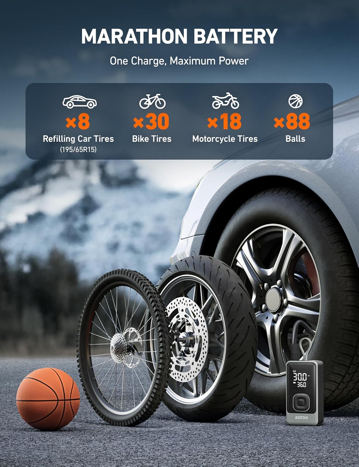 AstroAI L7 Air Tire Inflator Portable Air Compressor, 150PSI Electric Cordless Pump with Fast 1-min Inflation, Auto Shutoff, LED Light – Rechargeable for Car, SUV, Motorcycle, Bike Tires (Grey)