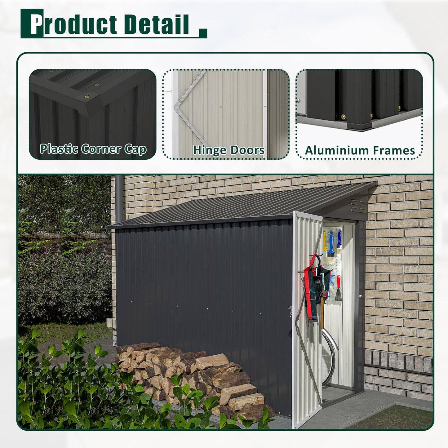 4x8 FT Outdoor Storage Shed,Lean to Metal Shed W/Floor Included,Garden Storage Shed W/Lockable Door,All Weather Waterproof Tool House W/ 2 Air Vents,for Backyard,Patio,Lawn,Garden,Black