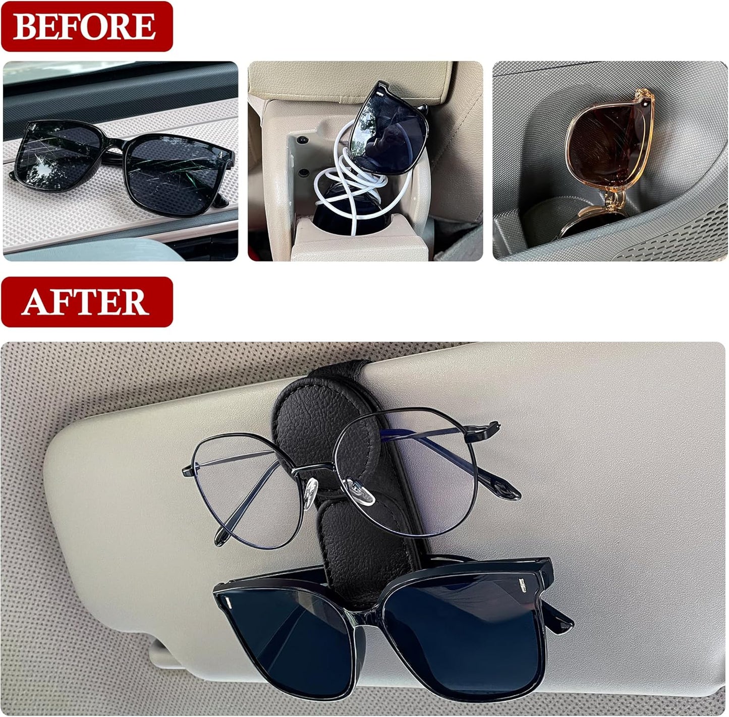 KIWEN Sunglasses Holder for Car Visor, Magnetic Leather Sunglass Eyeglass Hanger Clip for Car Sun Visor Accessories (1, Black)