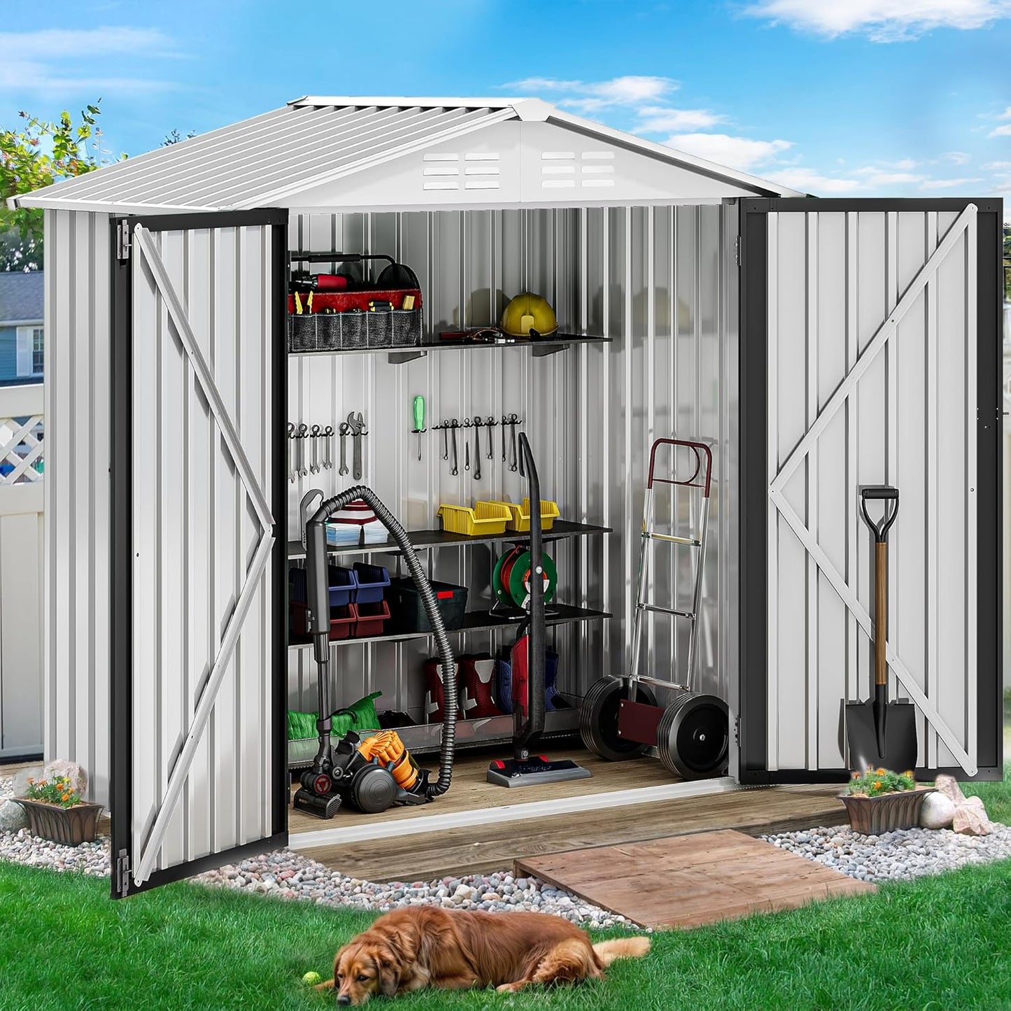 DWVO 6x4ft Metal Outdoor Storage Shed, Waterproof Tool Shed Heavy-Duty Storage Unit with Lockable Door and Vents, Ideal for Bicycles, Tools, Lawnmowers, Backyards, Patios, Lawns - White