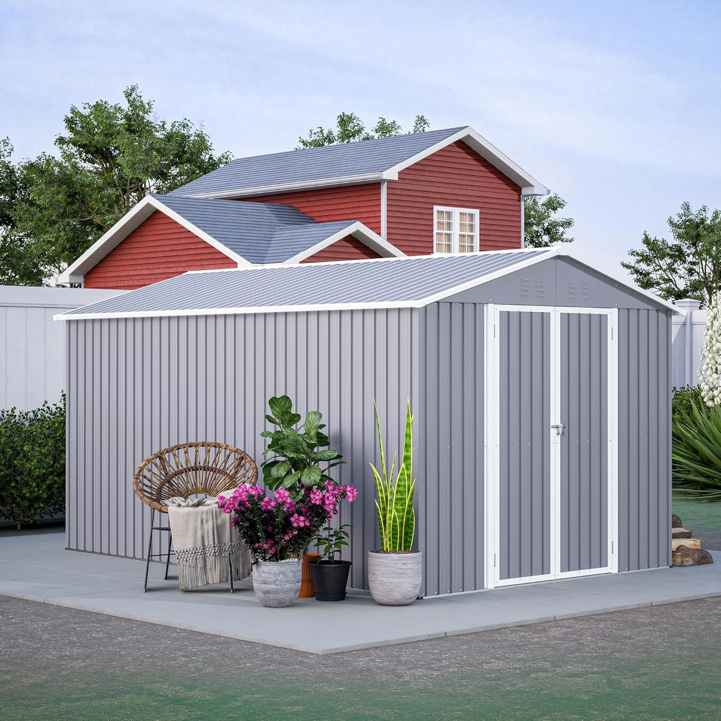 8x12 FT Outdoor Storage Shed,Metal Shed W/Floor,Garden Storage Shed W/ 1 Lockable Hinged Door,All Weather Waterproof Tool House W/ 2 Air Vents & Sloped Roof,for Backyard,Patio,Lawn,Gray