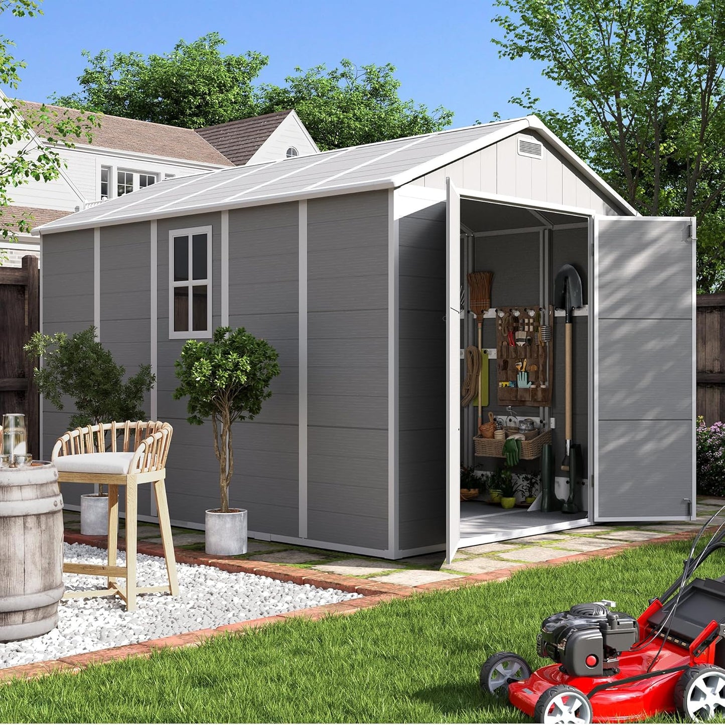 UDPATIO Outdoor Storage Shed 7.5x10.7 FT, Grey & White Resin & Steel Shed with Lockable Door for Backyard, Patio, Lawn