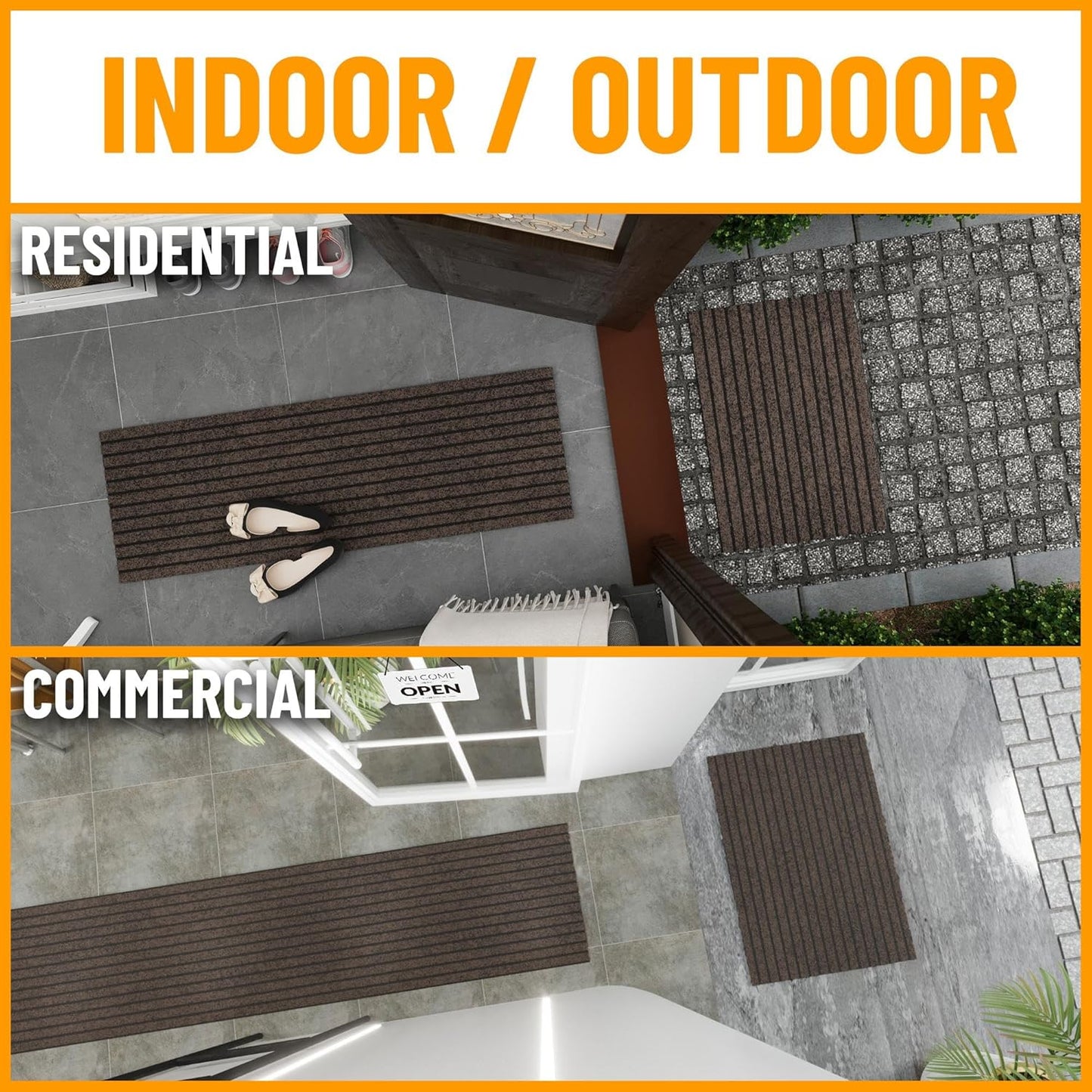 Ottomanson 2' x 14' Hallway Runner with Scraper Pile Extra Durable Non-Slip Rug Mat for Indoor & Outdoor Use - Ideal for Kitchen, Entryway, Patio & Garage - High-Traffic Carpet, Brown