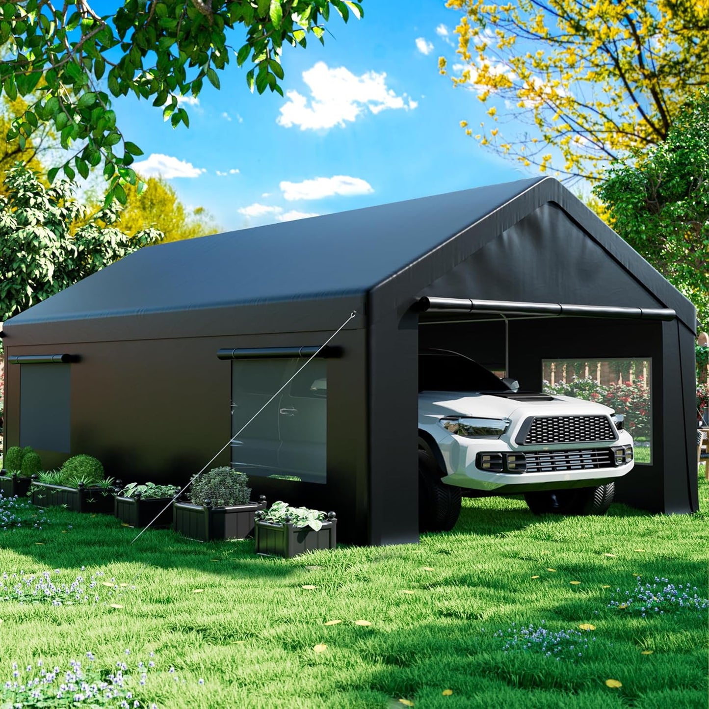 Carport 12' x 20' Heavy Duty Portable Garage, Carport Canopy with Side-Opening Door & Roll-Up Windows, Car Canopy Reinforced Four-Hole Base for Car, Truck, Boat, Party, Black