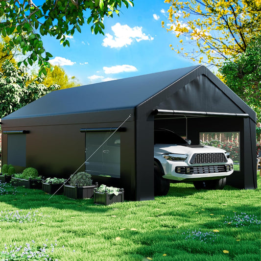 Carport 12' x 20' Heavy Duty Portable Garage, Carport Canopy with Side-Opening Door & Roll-Up Windows, Car Canopy Reinforced Four-Hole Base for Car, Truck, Boat, Party, Black