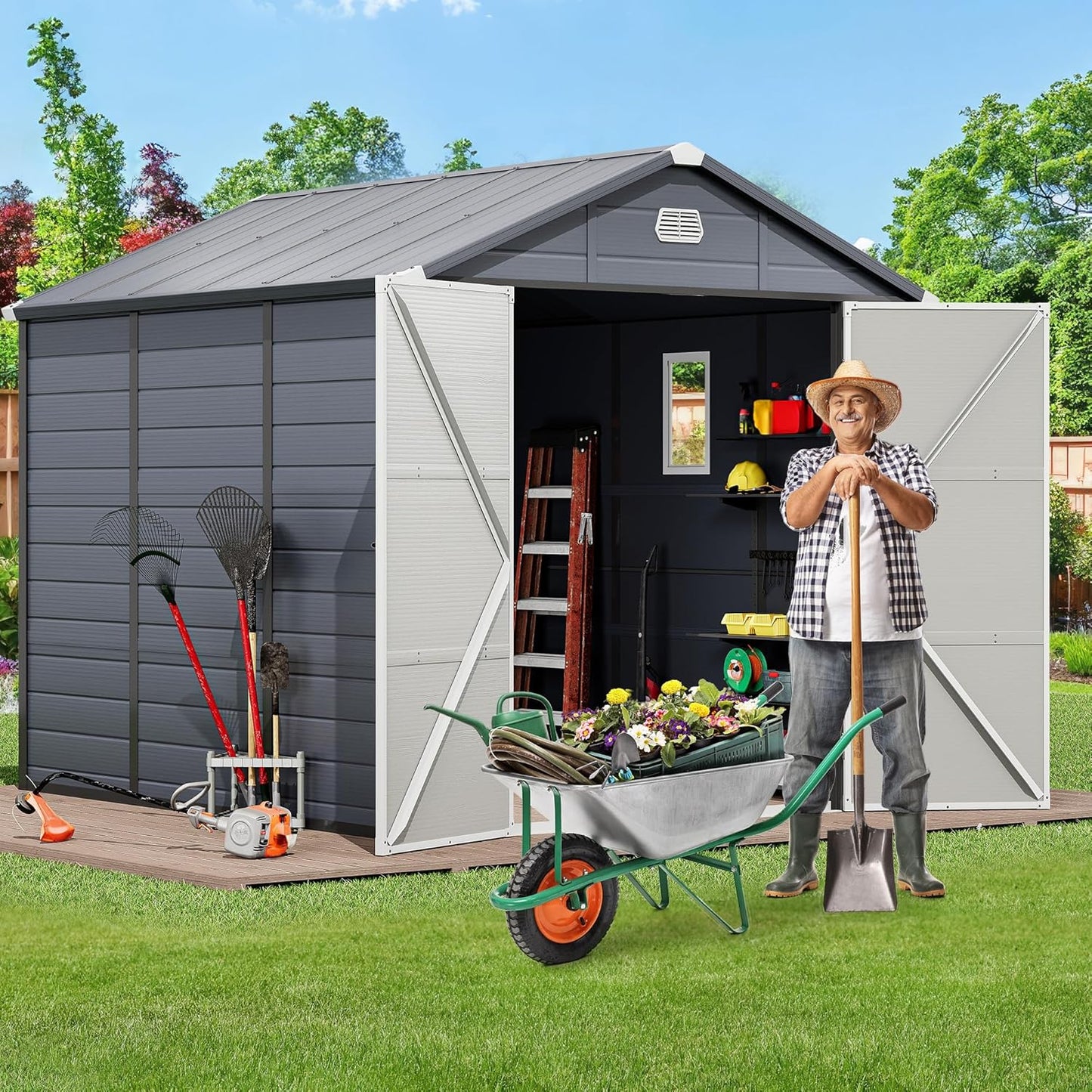 YITAHOME 8x9 FT Outdoor Storage Shed w/o Floor, All-Weather Plastic Shed with Lockable Doors, Window & Vents, Plastic Tool Shed for Backyard, Patio, Poolside, Lawn, Gray