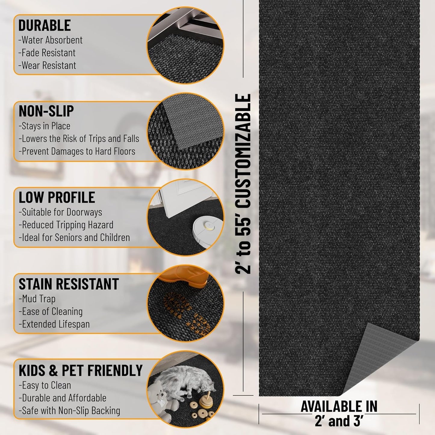 Ottomanson 2' x 46' Hallway Runner with Scraper Pile Extra Durable Non-Slip Rug Mat for Indoor & Outdoor Use - Ideal for Kitchen, Entryway, Patio & Garage - High-Traffic Carpet, Black