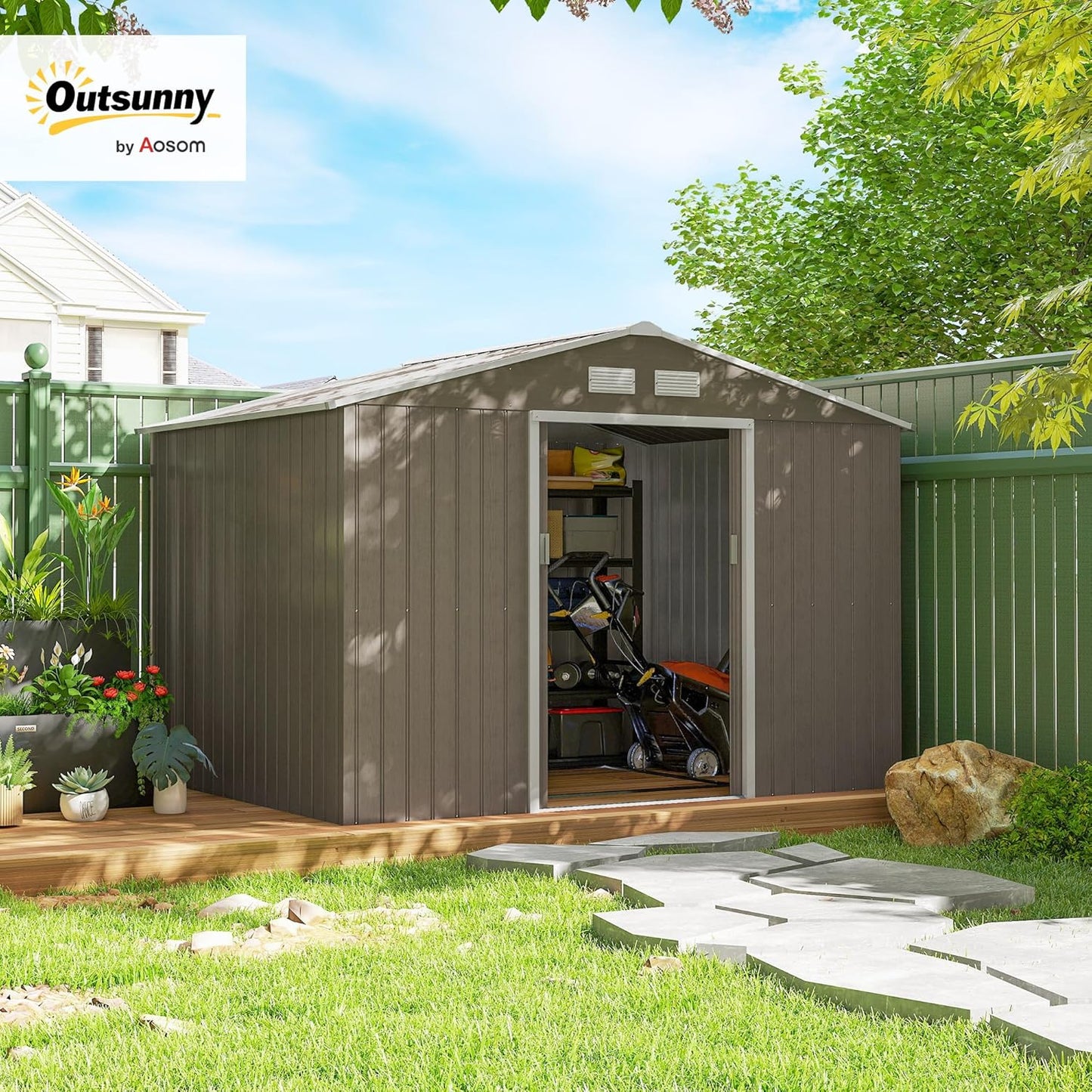 Outsunny 9' x 6' Outdoor Storage Shed, Garden Tool Metal Shed with Foundation Kit, Double Lockable Door, Air Vents and Sloping Roof, for Backyard, Patio, Lawn, Light Brown