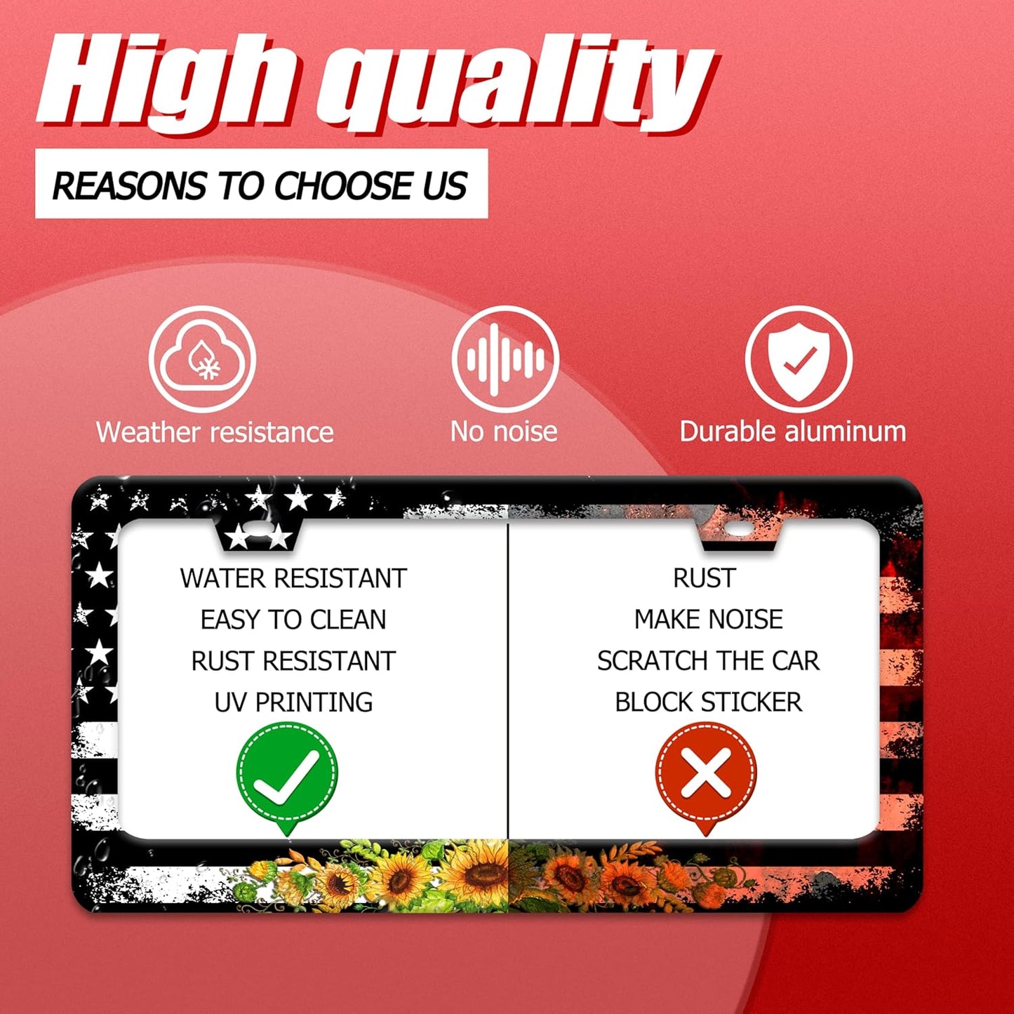 American Flag Sunflower License Plate Frame Patriotic Floral License Plate Frames for Car Decorative Parts Stainless Stee License Plate for Standard Us Canada Funny License Plate Holder 12x6 Inch