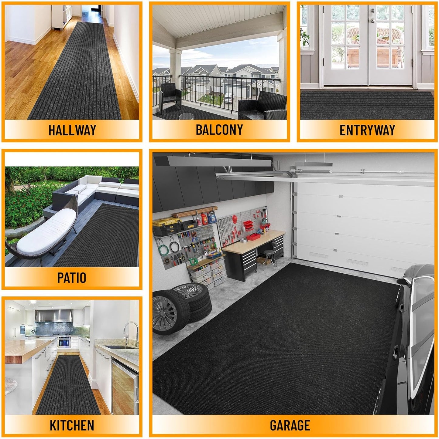 Ottomanson 2' x 22' Hallway Runner with Scraper Pile Extra Durable Non-Slip Rug Mat for Indoor & Outdoor Use - Ideal for Kitchen, Entryway, Patio & Garage - High-Traffic Carpet, Black