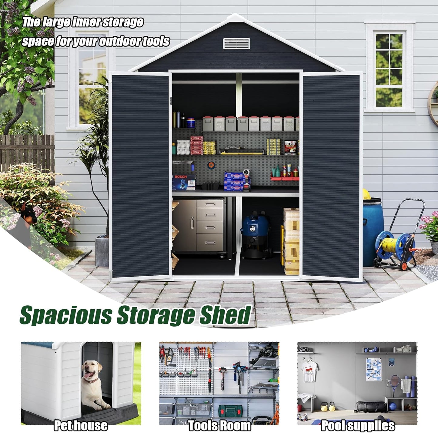 6x6 FT Outdoor Storage Resin Shed with Floor,Waterproof Plastic Garden Bike Shed with Lockable Door, Sloped Roof, Vents & Windows, Easy Assembly Tool Shed for Lawn, Backyard, Patio, Black