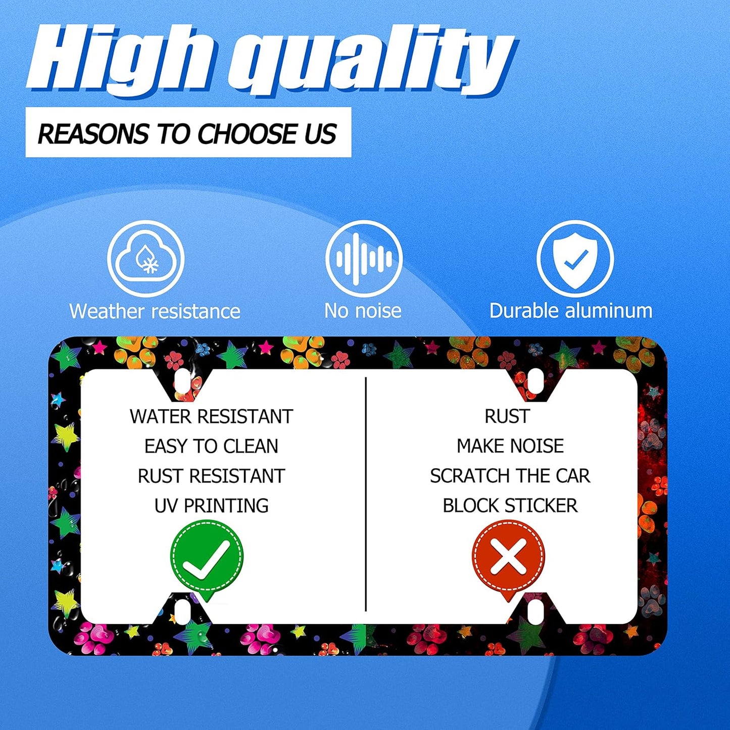 Colorful Animal Paw and Star License Plate Frame Colorful License Plate Stainless Steel Parts Funny License Plate Decorative with Screws Size 12.3" x 6.3" for Men Women