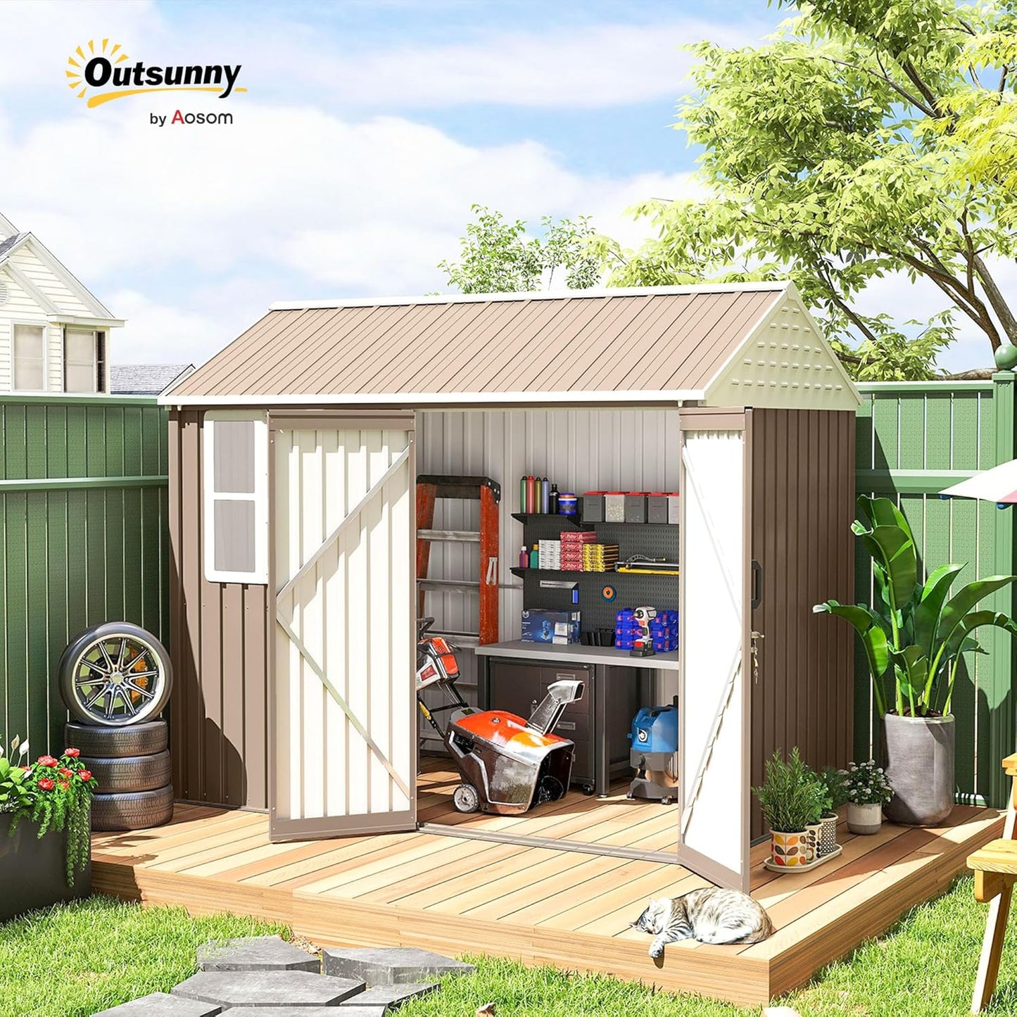 Outsunny 8' x 6' Outdoor Storage Shed, Metal Garden Shed with Window & Double Lockable Door, Outdoor Tool Shed Storage with Sloped Roof for Backyard, Patio, Garage, Lawn, Brown