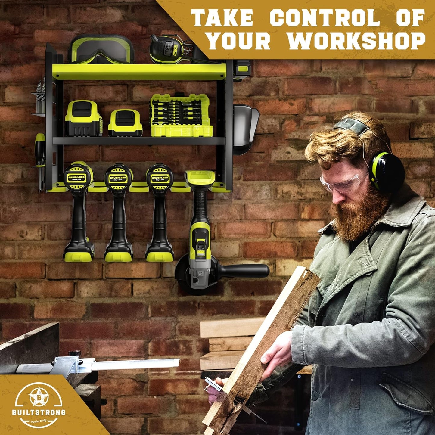 Heavy-Duty Metal Tool Storage Rack - 3-Tier Wall Mount Organizer, Drill Holder, Utility Racks, PegBoard Side, Garage Storage (Green)