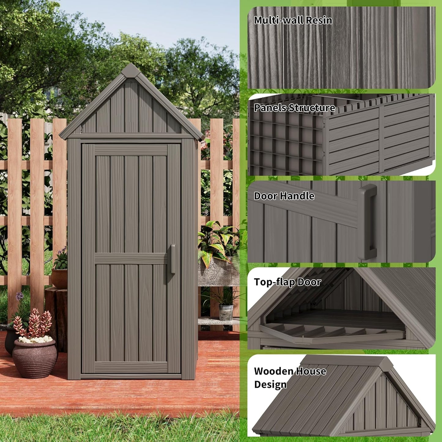 Shed Outdoor Storage Shed with Sloping Roof and Lockable Door, Resin Outdoor Storage Box Cabinet Waterproof and Multiple Hooks for Backyard, Patio, Poolside, Grey