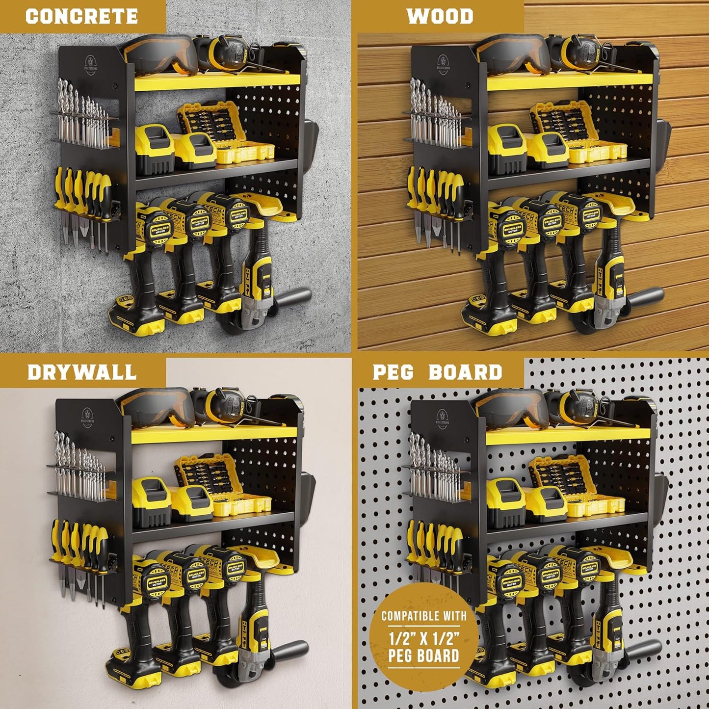 Power Tool Organizer Wall Mount - 3-Tier Heavy-Duty Metal Hand Tool Storage Rack, Utility Racks, Drill Holder, PegBoard Side, & More - Garage Storage Cordless Tool Organizer (Yellow)