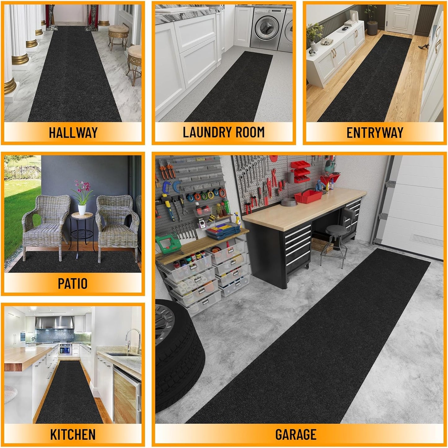 Ottomanson 2' x 34' Hallway Runner with Scraper Pile Extra Durable Non-Slip Rug Mat for Indoor & Outdoor Use - Ideal for Kitchen, Entryway, Patio & Garage - High-Traffic Carpet, Black