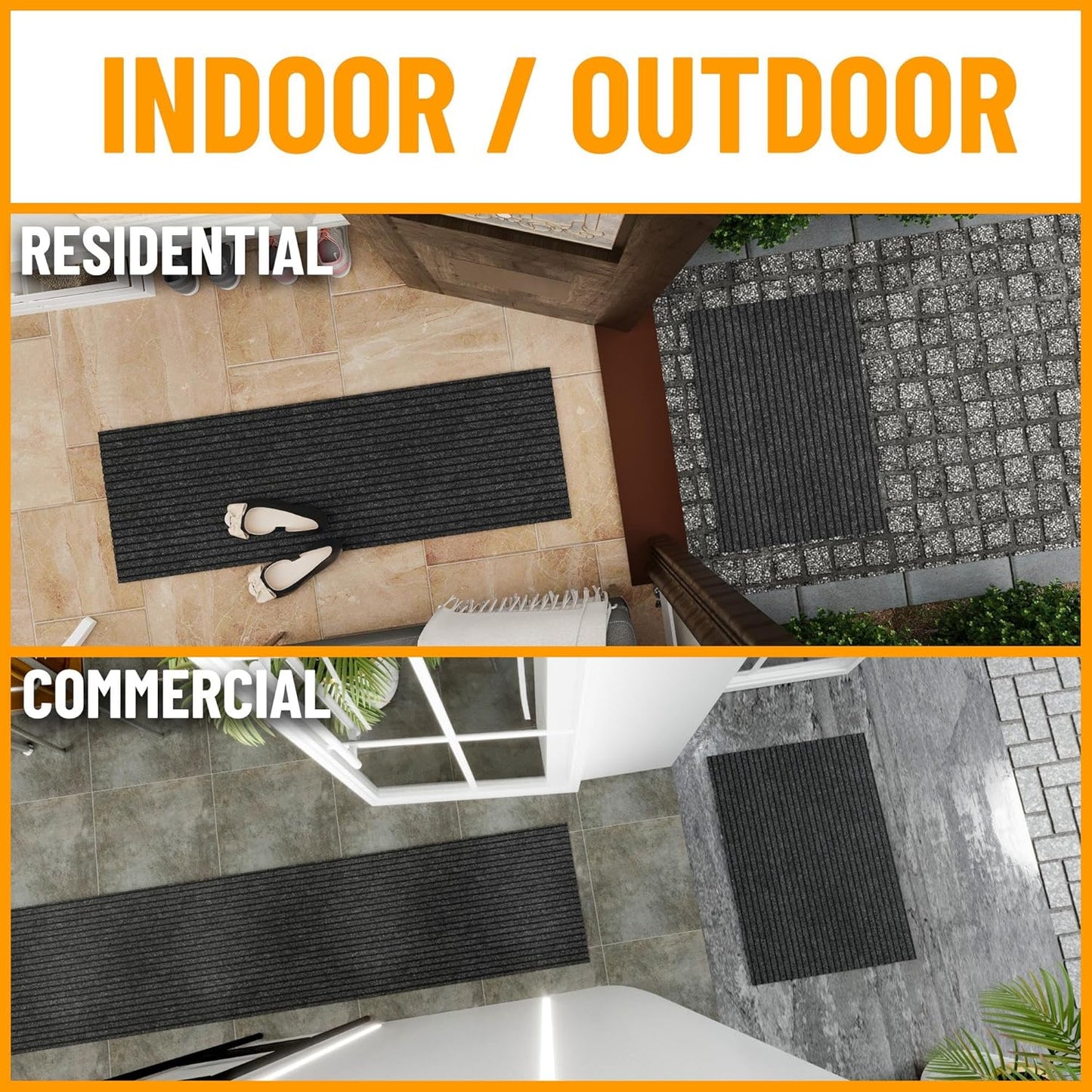 Ottomanson 2' x 23' Hallway Runner with Scraper Pile Extra Durable Non-Slip Rug Mat for Indoor & Outdoor Use - Ideal for Kitchen, Entryway, Patio & Garage - High-Traffic Carpet, Black