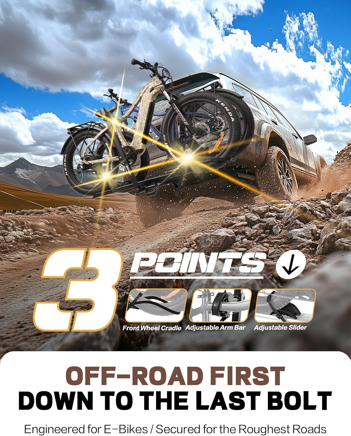 Rockland Foldable 2-Ebike Rack, 200 lbs Capacity, Hitch Mount Electric Bike Rack, Fits up to 5" Fat Tire Width and 50" Wheelbase, Ebike Carrier Rack for 2" Receiver for Cars SUVs Vans RVs